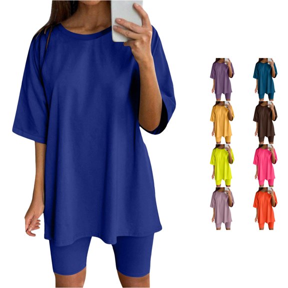 Tanghaowl Short Sets for Women, Womens Two Piece Outfits Short Sleeve Tops Running Yoga Sport Sets Summer Athletic Gym Wear Casual Shorts Suit Blue XL