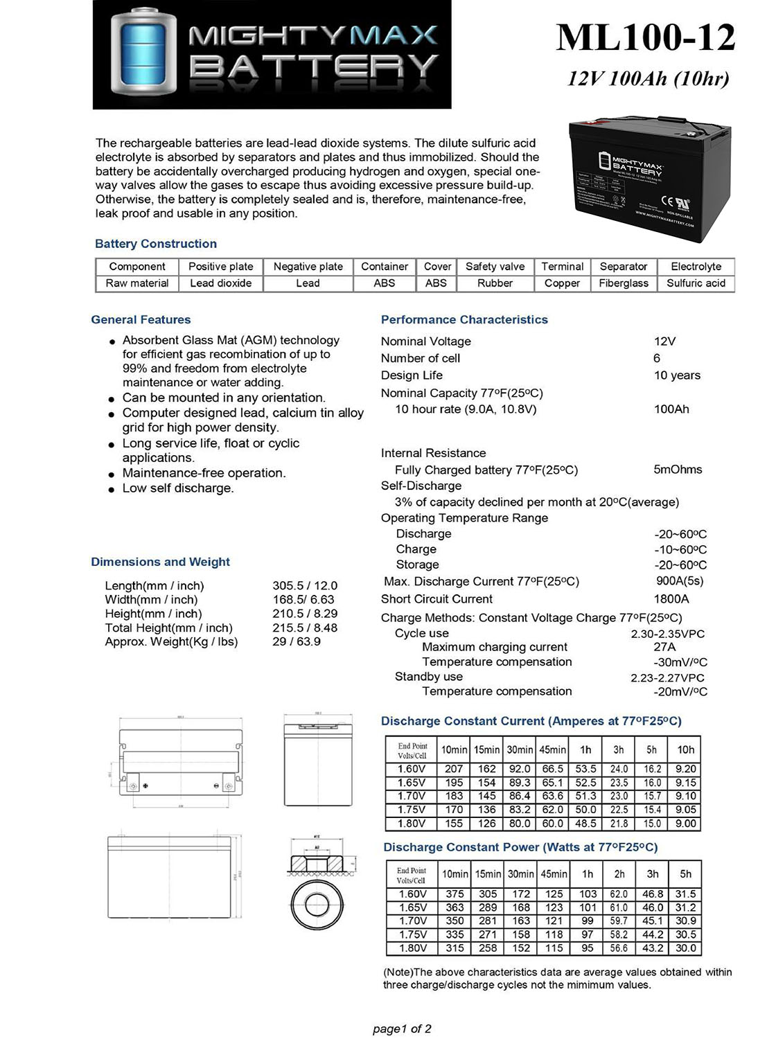 ML100-12 - 12 Volt 100 AH, Internal Thread (INT) Terminal, Rechargeable SLA AGM Battery - image 5 of 6