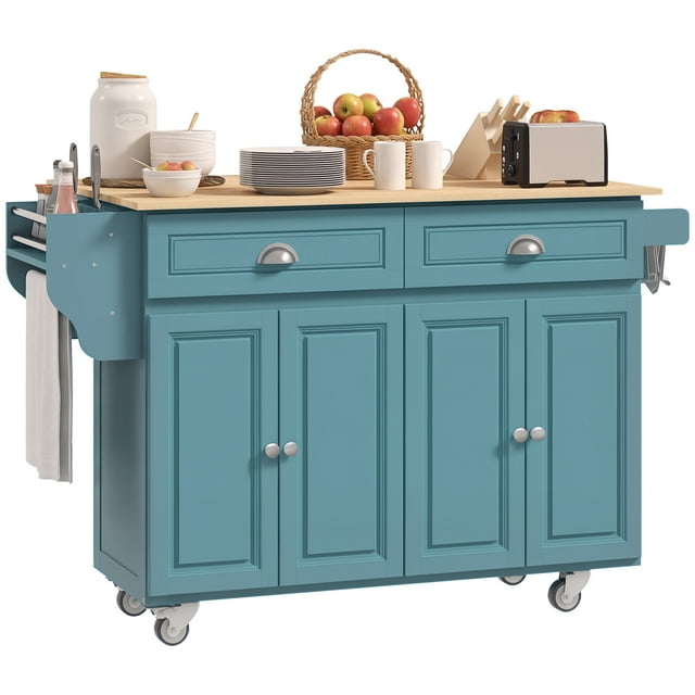 HOMCOM Kitchen Island with Storage, Kitchen Cart with Drop Leaf, Light Blue