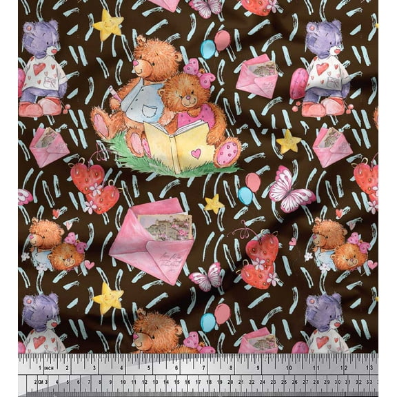Soimoi Brown Rayon Fabric Teddy Bear & Hearts Kids Printed Fabric 1 Yard 42 Inch Wide