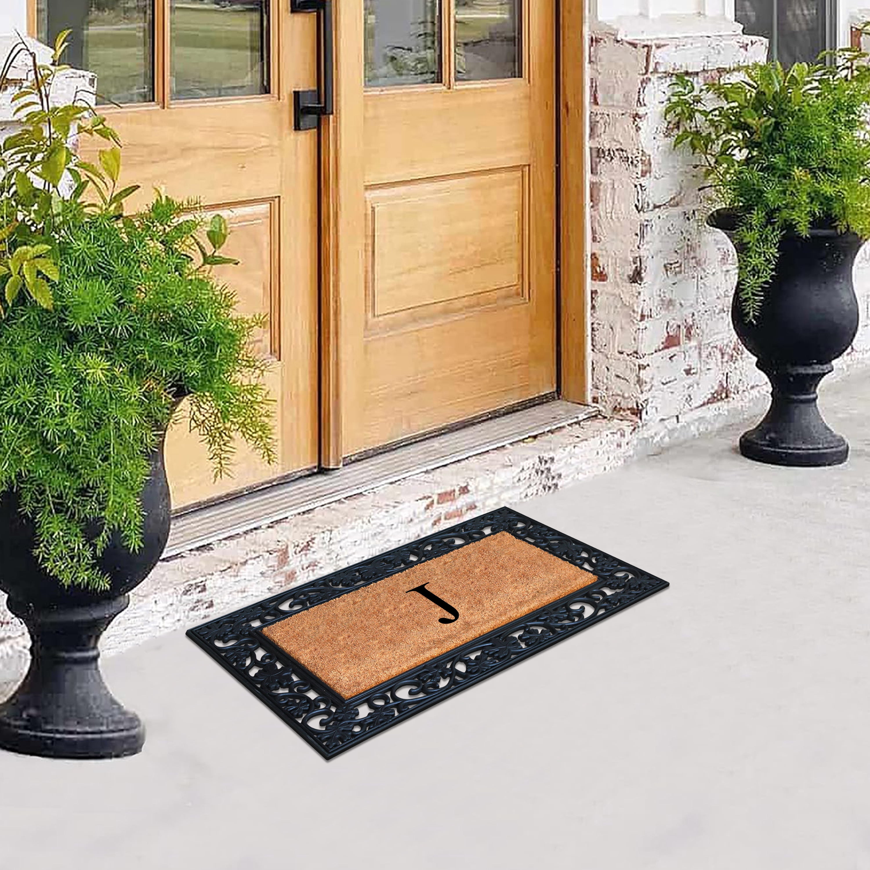 A1 Home Collections Rubber Coir Doormat Outdoor Entrance Floor Entryway Mat, Beige/Black, 23"x 38"