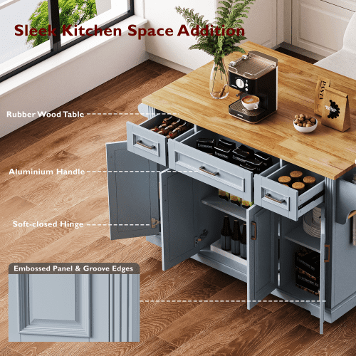 54 Inch Kitchen Island with Drop Leaf, Rolling Kitchen Cart on Wheels with Storage, 4 Doors & 3 Drawers, Farmhouse Style Mobile Island for Kitchen, Grey Blue
