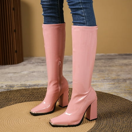 

Yinguo Ladies Square Toe Solid Color Bright Leather Candy Color Square High Heel Retro Zipper Mid Boots Women s Shoes