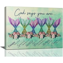Lucksign Teal Mermaid Tail God Says You Are Wall Art 12" x 16" Framed Painting Canvas Prints
