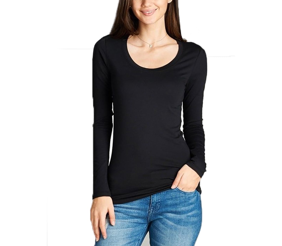 Womens Long Sleeve Stretch Plain Round Scoop Neck T Shirt Top Ladies Fitted Tee 