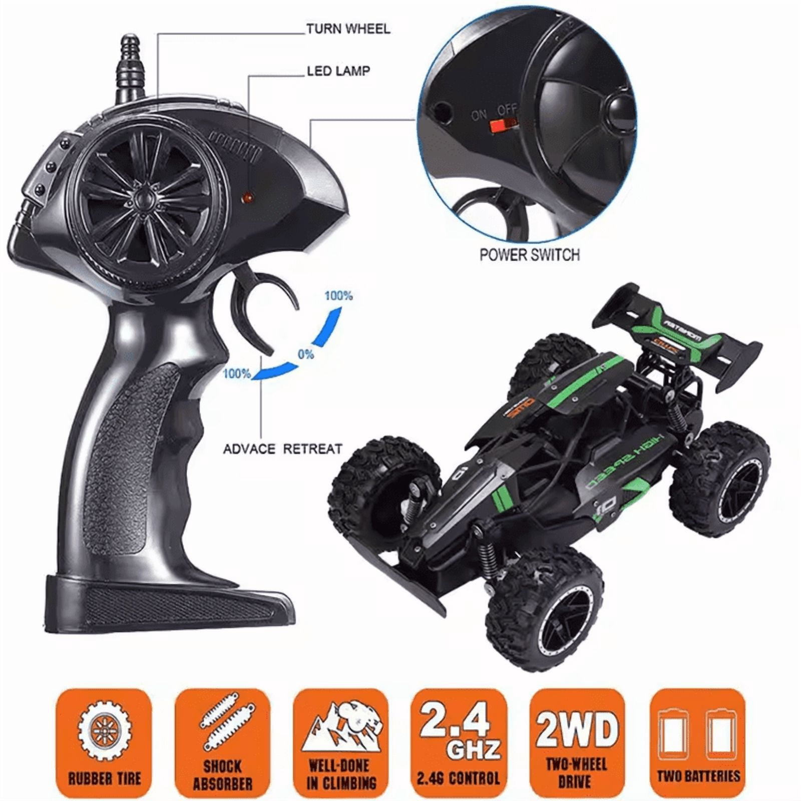 Funtogether Toys 1:18 2.4GHz Remote Control Monster Truck – Off-Road RC Car for Boys Ages 4-12 and Girls – Easter Basket Gift Idea (Black Green)