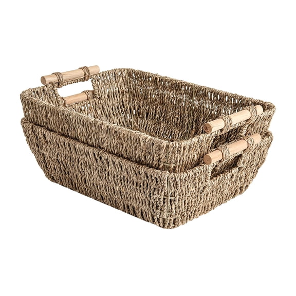 Works Hand-Woven Large Storage Baskets with Wooden Handles, Water Hyacinth Wicker Baskets for Organizing, 2-Pack