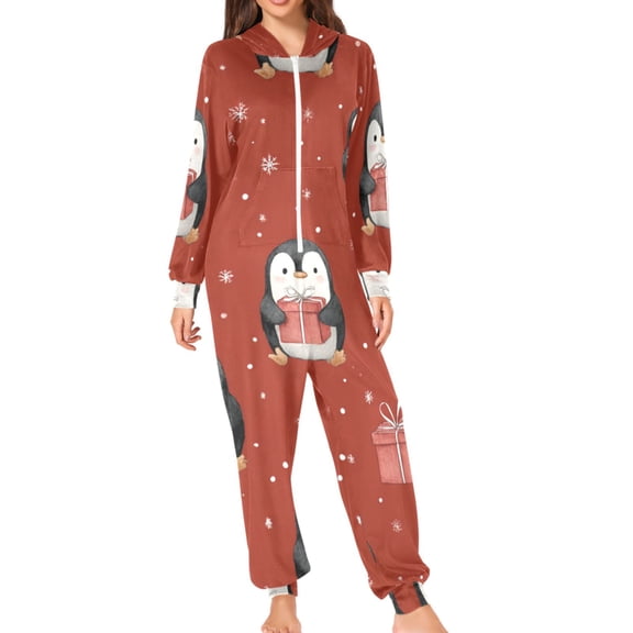 Penguins with Christmas Presents Cartoon Adult's Hoodie Onesie Jumpsuit One-Piece Pajamas with Zipper Unisex for Holiday S