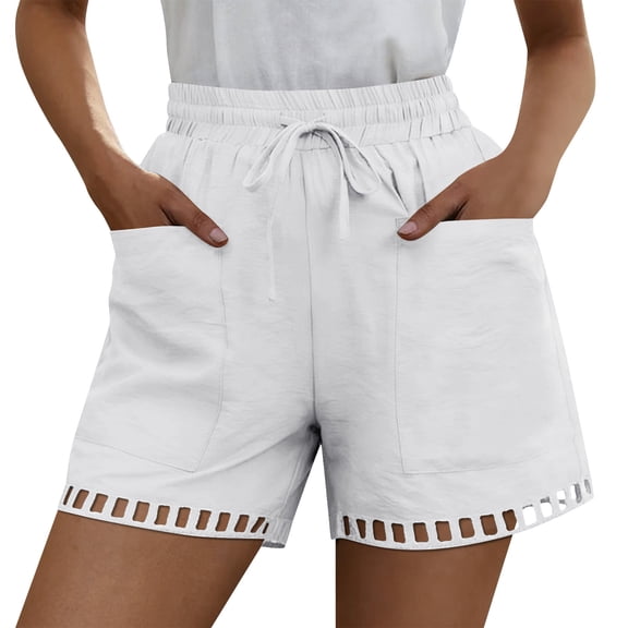 GUACER Casual Shorts for Women High Waisted Boho Drawstring Beach Shorts with Eyelet Cutout Hem & Big Pockets