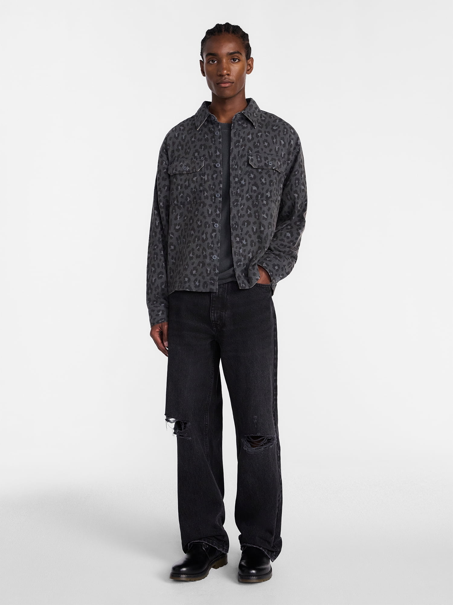 No Boundaries Cotton Boxy Cropped Fit Printed Flannel Shirt with Long Sleeves, Men's XS-5XB