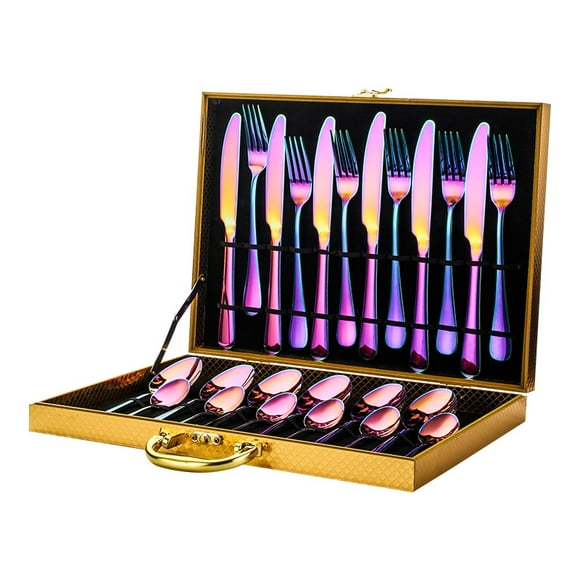 24 pieces of gold-plated stainless steel cutlery, boxed cutlery, multi-color cutlery set