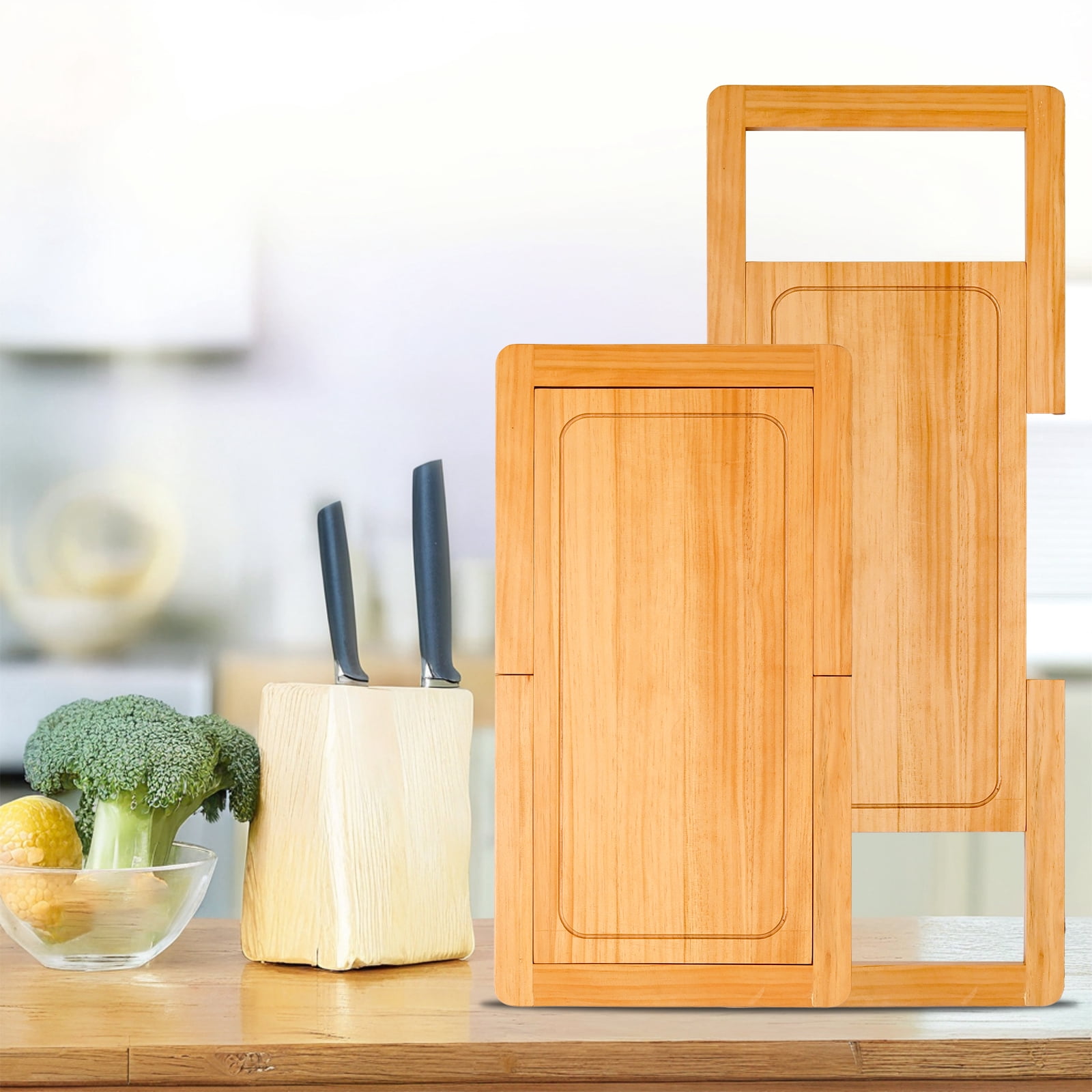 FUIN Expandable Wooden Over The Sink Cutting Board with Juice Groove for kitchen, Wood Kitchen Sink Cover Chopping Board for Counter Space