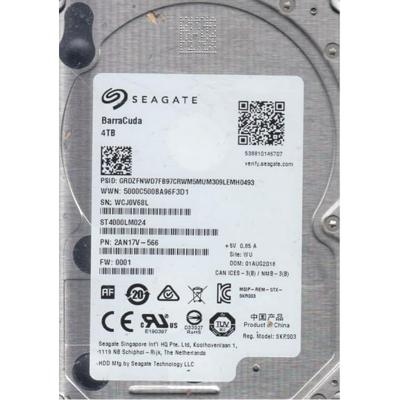 ST4000LM024, WCJ, WU, PN 2AN17V-566, FW 0001, Seagate 4TB SATA 2.5 Hard Drive