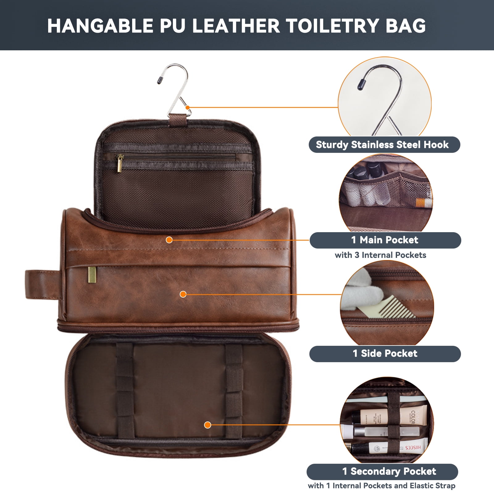 Toiletry Bag for Men, Large Leather Travel Pouch Bag with Hanging hook,Travel Essentials Dopp kit, Men's Shaving Grooming Kit,Gifts for Father, Dad, Boyfriend, Grandpa, Shaving Kit