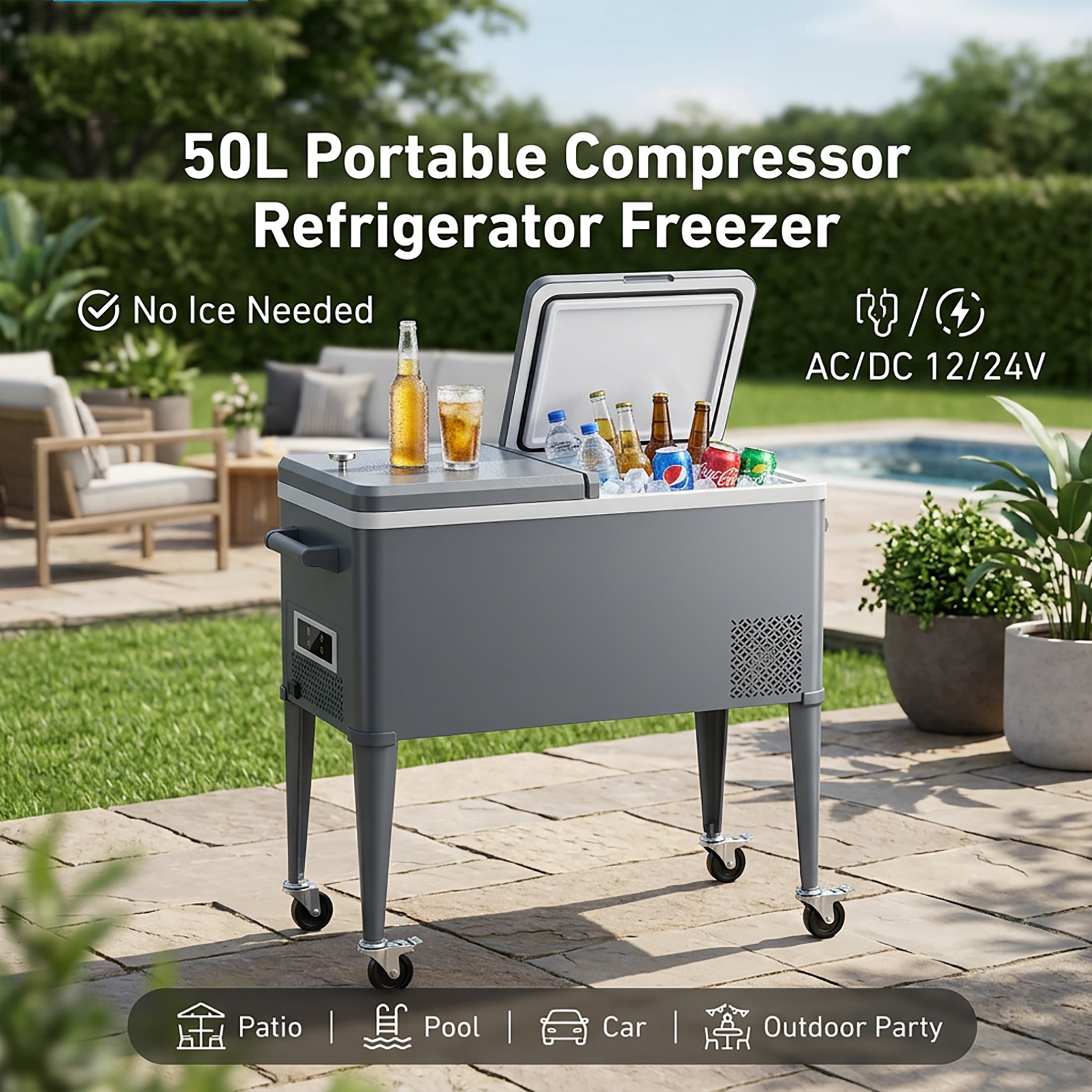 Bodega 50L 1.8 Cu.Ft Portable Compressor Cooler, -4°F to 68°F Outdoor Refrigerator Freezer, AC/DC Dual Power No Ice Needed Fridge, Rolling Wheeled Beverage Cooler for Patio, Porch,Party, Gathering
