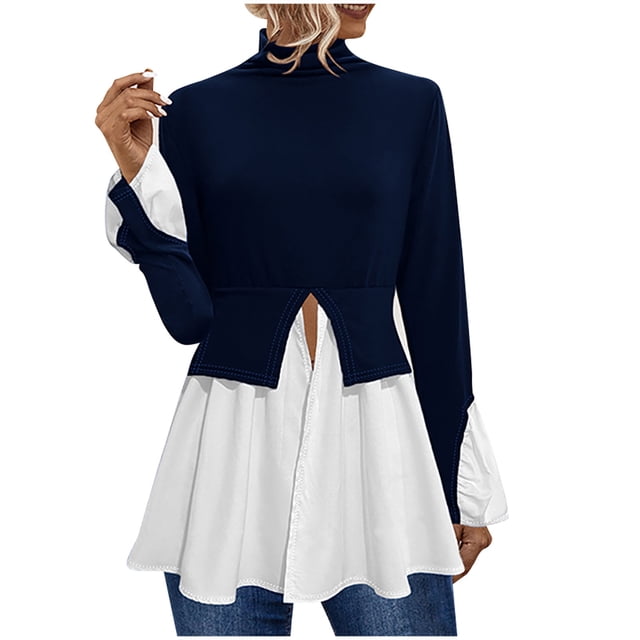 Timegard Turtlenek Tops for Women Long Sleeve Patchwork Color Block Dress Blouses Split Ruffle Fashion Shirts