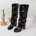 thumbnail image 5 of Women's Patent Leather Over The Knee Boots, Multi Buckle Slouch High Heel Boots, Pointed Toe Foldable Shaft Fashion Boots, 5 of 9