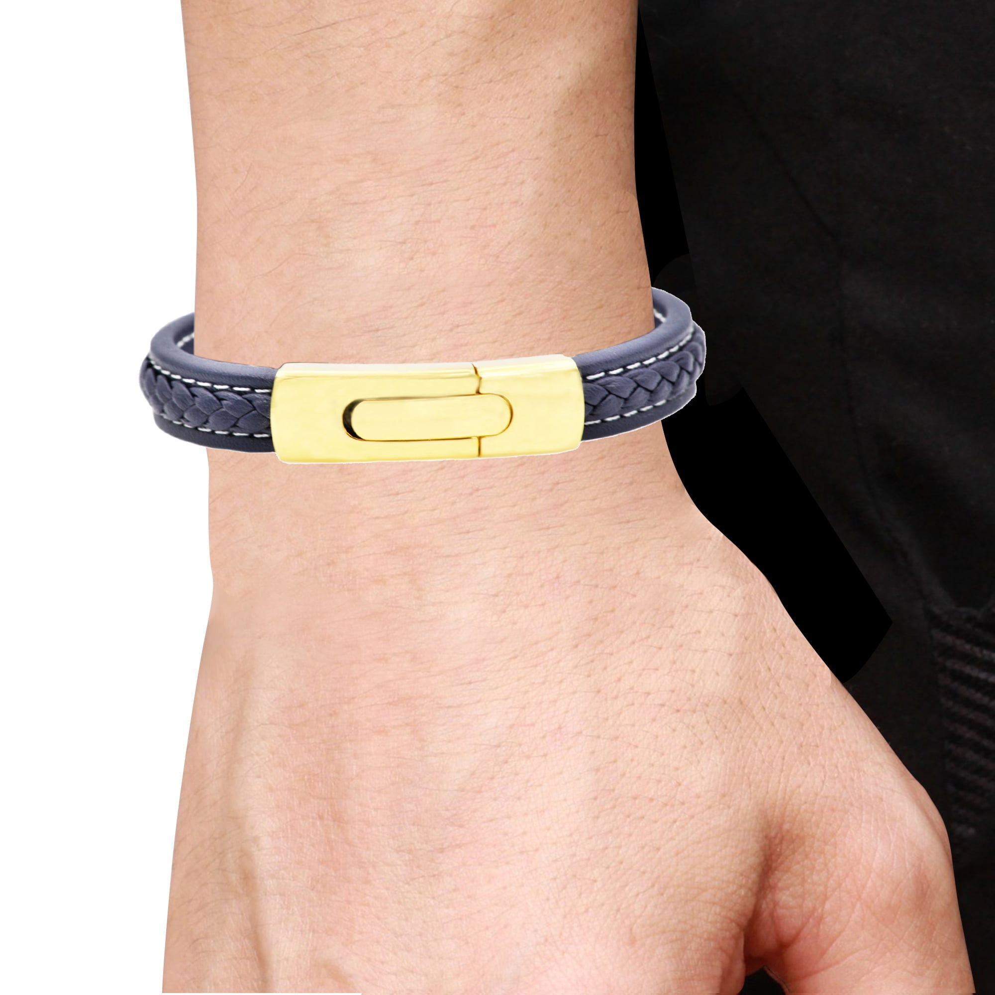 Arista Men's Blue Leather Bracelet in Gold Plated Solid Stainless Steel, 8.5"