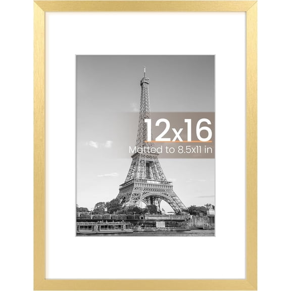 Maxxmarket 12x16 Gold Picture Frame with Mat for 8.5x11 Photos, Wall Hanging Frame, 1 pack