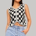 thumbnail image 2 of RMGVDSD Women Button Front V Neck Sleeveless Crochet Plaid Checkered Knit Sweater Vest Solid Color Casual Classic Soft Sweater /Black, 2 of 6