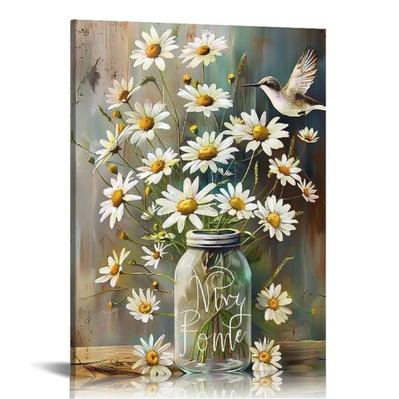 JEUXUS Farmhouse Daisy Wall Decor Country Rustic Daisy Hummingbird Pictures Wall Art Just Breathe Canvas Print Painting Framed Modern Home Artwork Decorations For Bathroom Bedroom Office Kitchen