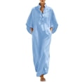 thumbnail image 2 of Guieoi Womens Dresses Fall Plus Size Loose Casual Cotton-Linen 3/4-Sleeve V-Neck Dress Flowy Maxi Dresseses Blue S, 2 of 8