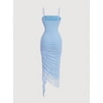 thumbnail image 2 of Blue Womens Ruched Bodycon Midi Dress With Spaghetti Straps And Asymmetrical Ruffle Hem, 2 of 5
