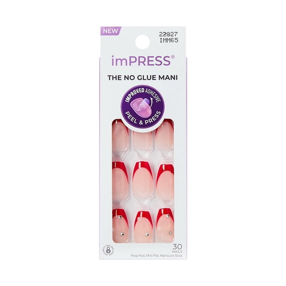 KISS imPRESS Press on Nails, ‘Happy World’, Red, Medium Coffin, 30 Count
