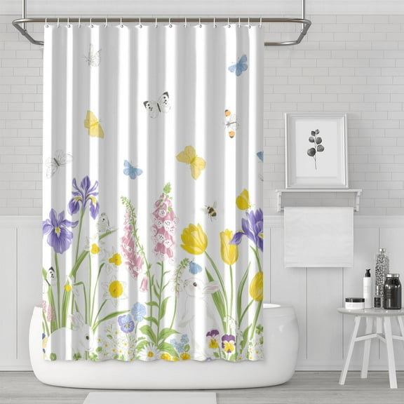Spring Summer Shower Curtain, Floral Butterfly Shower Curtains for Bathroom, Seasonal Flowers Home Decor Waterproof Fabric with Hooks 72x72 Inch