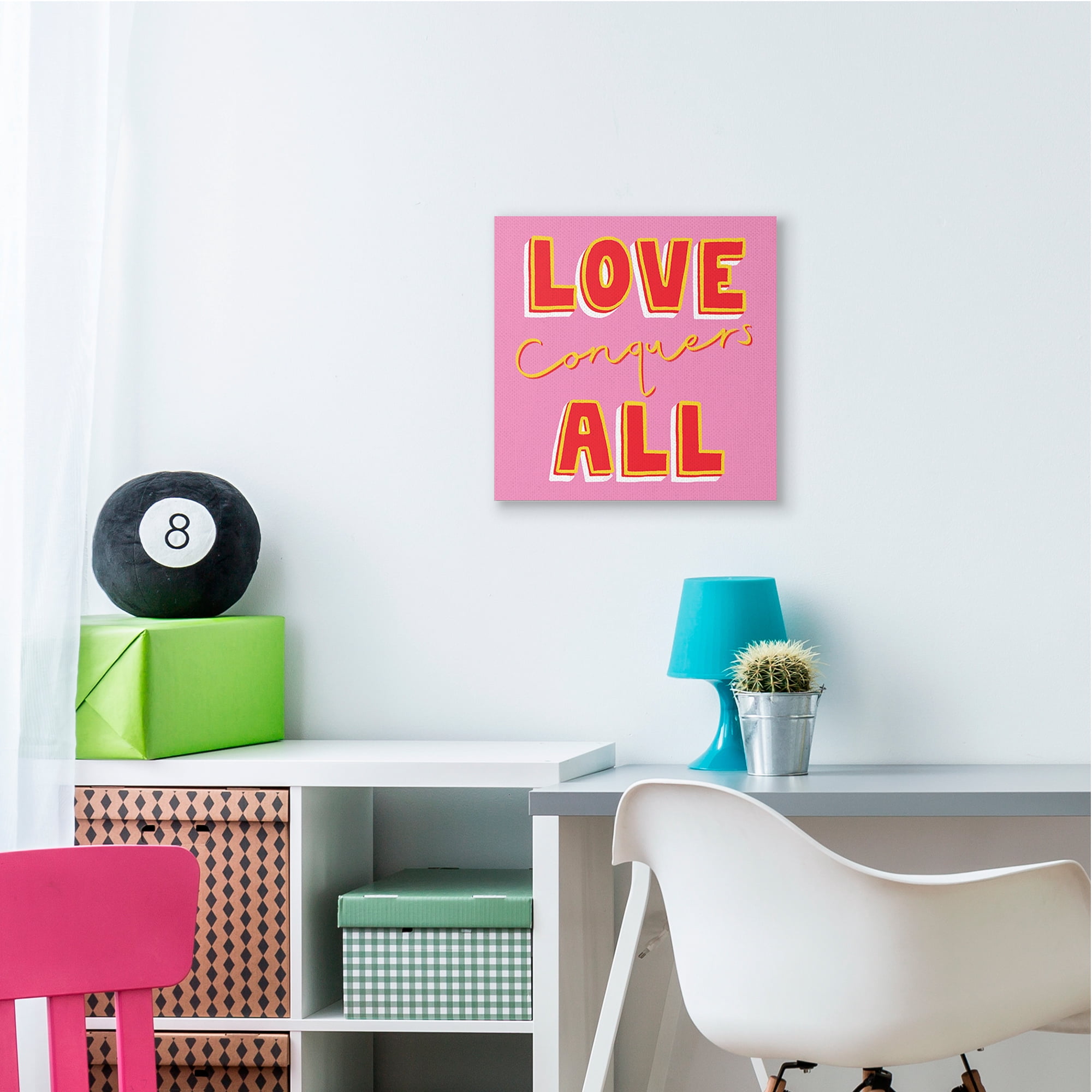 Love Conquers All Bold Quote Red Yellow Text Typography Gallery-Wrapped Canvas Print Wall Art, 17x17