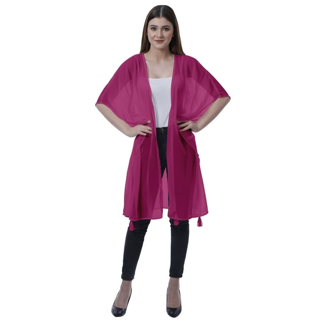 Moomaya Boléro en Georgette pour Femmes, Ouvert à l'Avant, Long et Transparent, avec Pompons