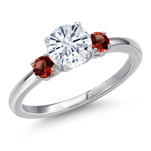 Gem Stone King 14K White Gold White Moissanite and Red Garnet Engagement Ring for Women | 1.30 Cttw | Round 6.5MM | Gemstone Birthstone | Size 7