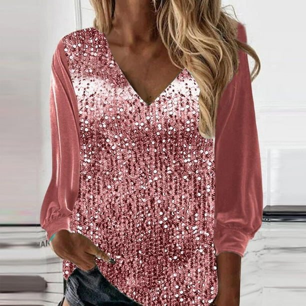 Qcmgmg Sequin Tops for Women Plus Size V Neck Long Sleeve Evening Glitter Top Sexy Holiday Tops with Sparkle Shiny Party Dressy Sparkly Tops Pink M Walmart Business Supplies