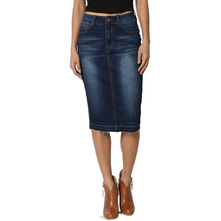 Back Skirt Set - TheMogan Women's Butt Lift Washed Blue Jean Pencil Midi Soft Denim Skirt