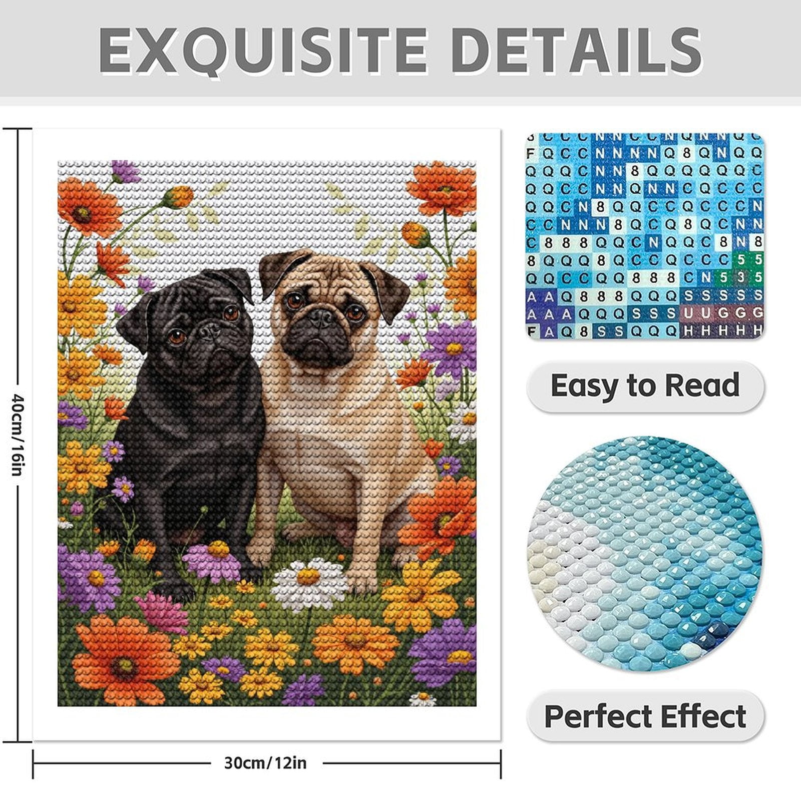 Diamond Art Kits for Adults - 5d Pug Pair Flower Field Diamond Painting for Adults, Diamond Art for Adults Beginners, Diamond Painting Kits for Adults for Home Wall Decor