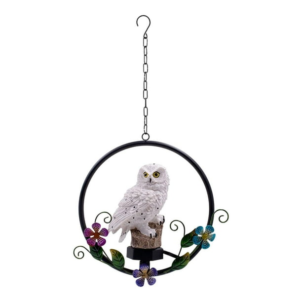 Lámpara de búho solar colgante de resina impermeable de colores cálidos para decoración de jardín, estatua de búho para Halloween, balcón y césped. blanco
