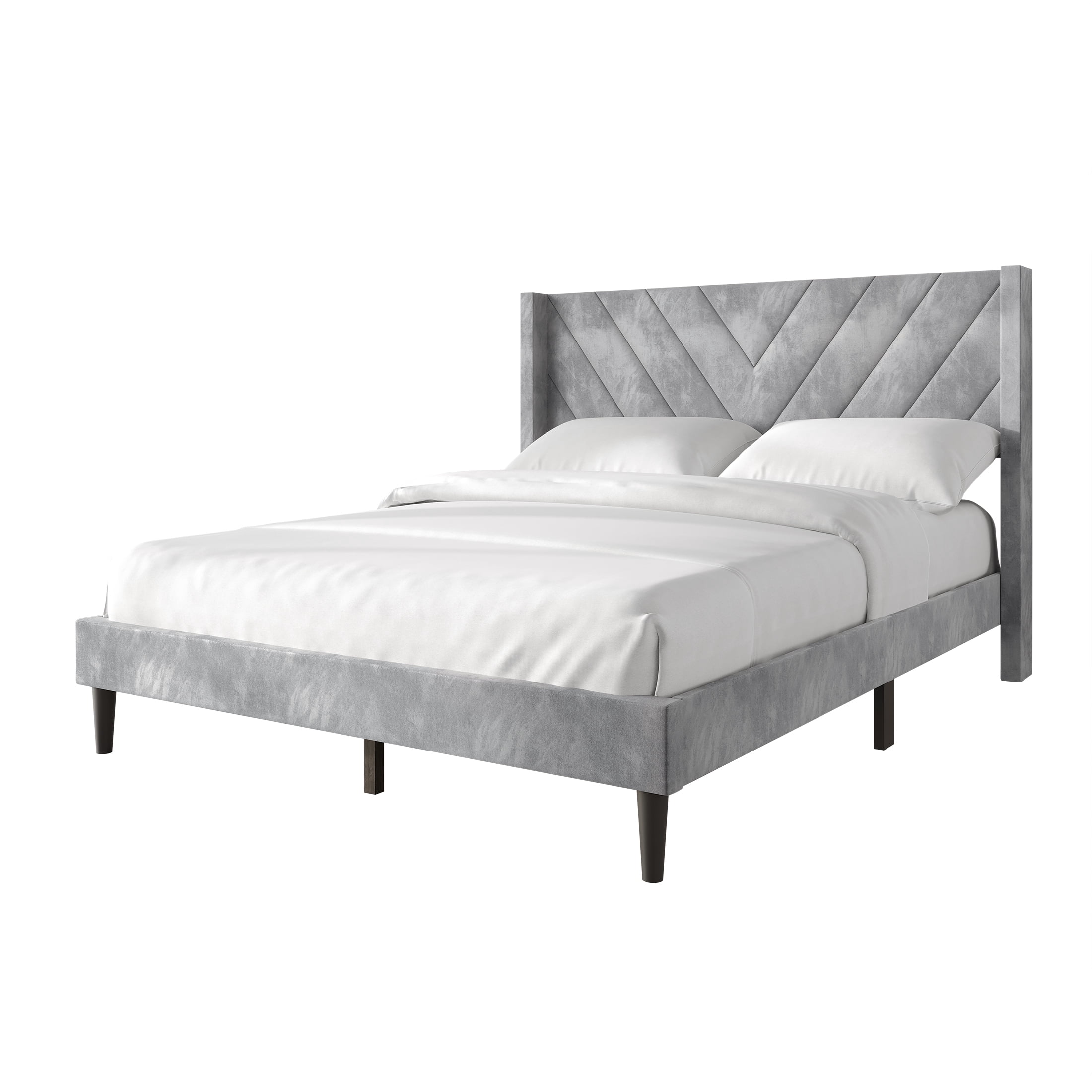 Castle Place Sophisticated Wingback Velvet Upholstered King Platform Bed, Silver Grey