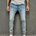 thumbnail image 2 of HOOMEUMY Men's Light Blue Stretch Slim Fit Distressed Jeans with Side Stripe Zipper Skinny Denim Pants Blue L, 2 of 6
