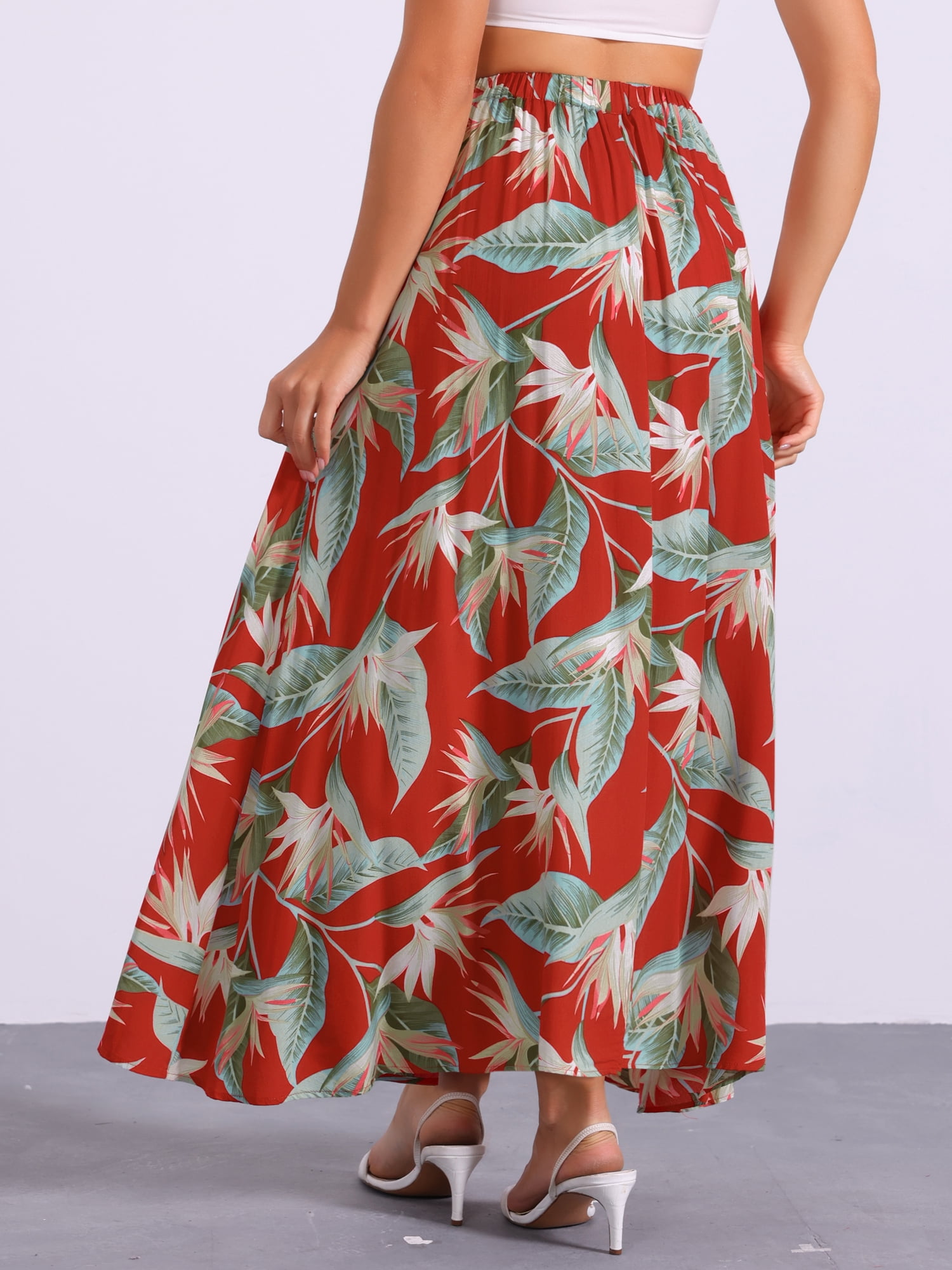 DARING DIVA Women's Floral Printing Elastic Bohemian Beach Maxi Skirts S Red