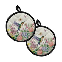 ZIATUBLES 2 PCS Pot Holders Heat Resistant Hot Pads with Pockets Soft Cotton-Like Lining Breathable Grip for Kitchen Cooking Baking 8 Inch Counter Round Decor, Hummingbird Butterfly Floral
