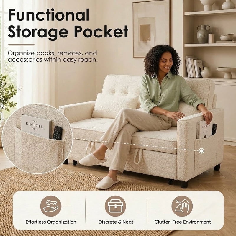 3-in-1 Convertible Sofa Bed with USB Charging Ports, Pull-Out Sleeper Sofa with Adjustable Backrest and Side Pocket, Compact Loveseat Couch for Living Room, Apartment, Dorm