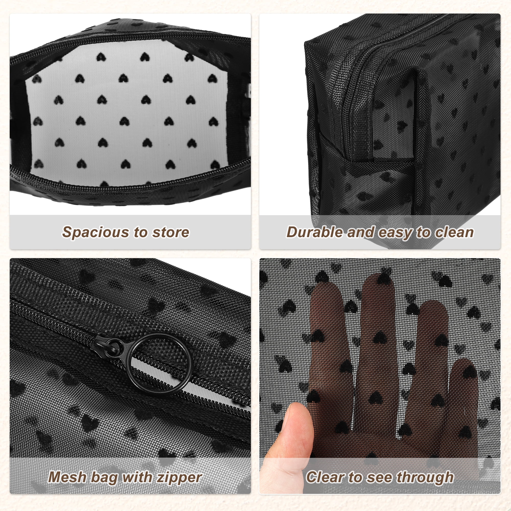 Unique Bargains 3pcs Heart Shape Print Mesh Makeup Bag Clear Makeup Pouch w Zipper Black