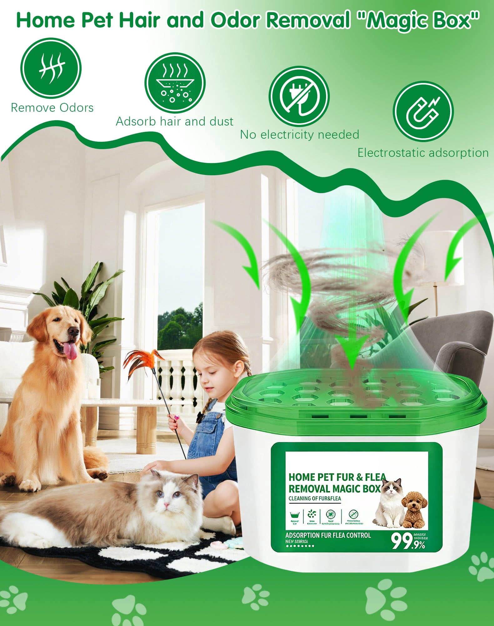Home Pet Fur & Odor Removal Magic Box, Indoor Air Purification Dust Removal Magic Box for Home Pet Hair, Portable Odor Eliminator & Dust Collector for Bedroom, Living Room (3 PCS)