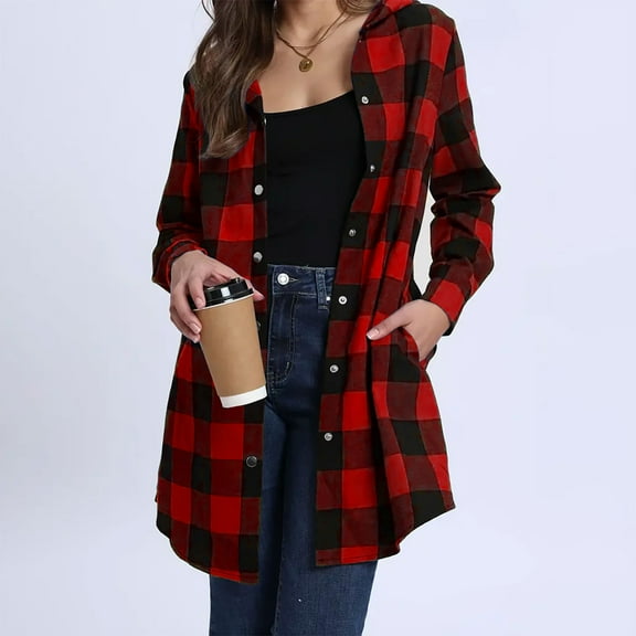 Pincandy Women Flannel Fleece Shacket Jacket Plaid Button Down Long Sleeve Shirt Fall Winter Outfits Clothes with Hooded