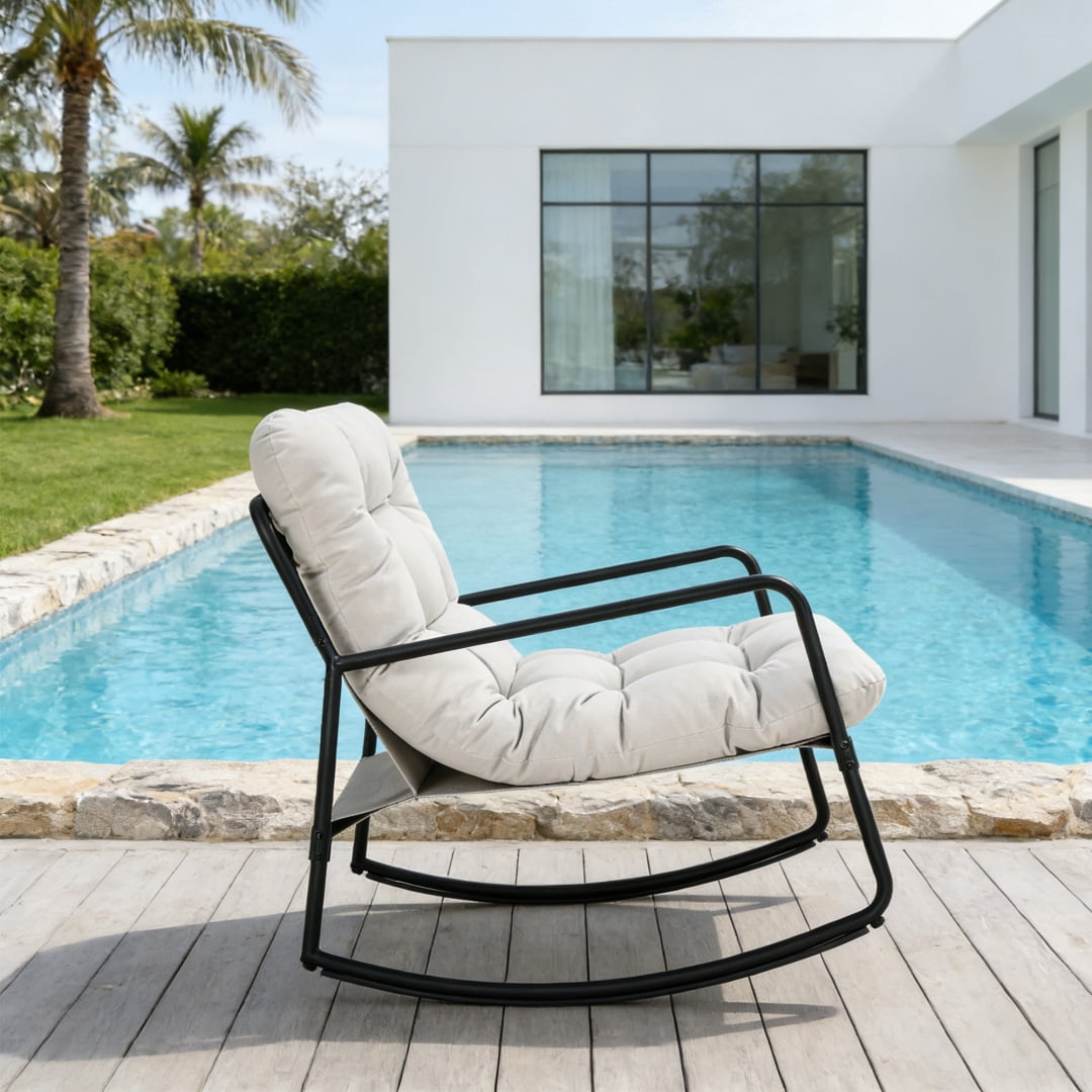 Metal Comfy Modern Patio Rocking Chair, Off-white
