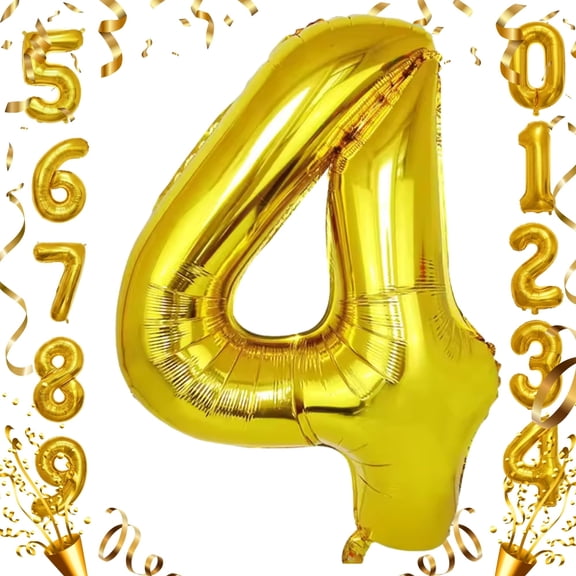 Gold 4 Number Foil Mylar Balloon - 40 inch Self-Seal Helium or Air Inflation Balloons for Kids 4th Birthday Party, Anniversary, Graduation Decorations