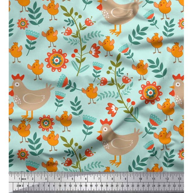 Soimoi Modal Satin Fabric Leaves,Cock & Chick Cartoon Decor Fabric Printed Yard 42 Inch Wide