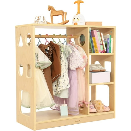 Kids Dress Up Storage for 1-3 Years Old Boys and Girls, Wooden Kids Wardrobe with Open Hanging