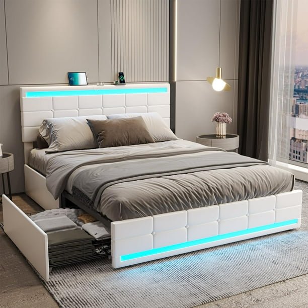 Tiptiper Full Bed Frame with LED Lights Leather Platform Bed with
