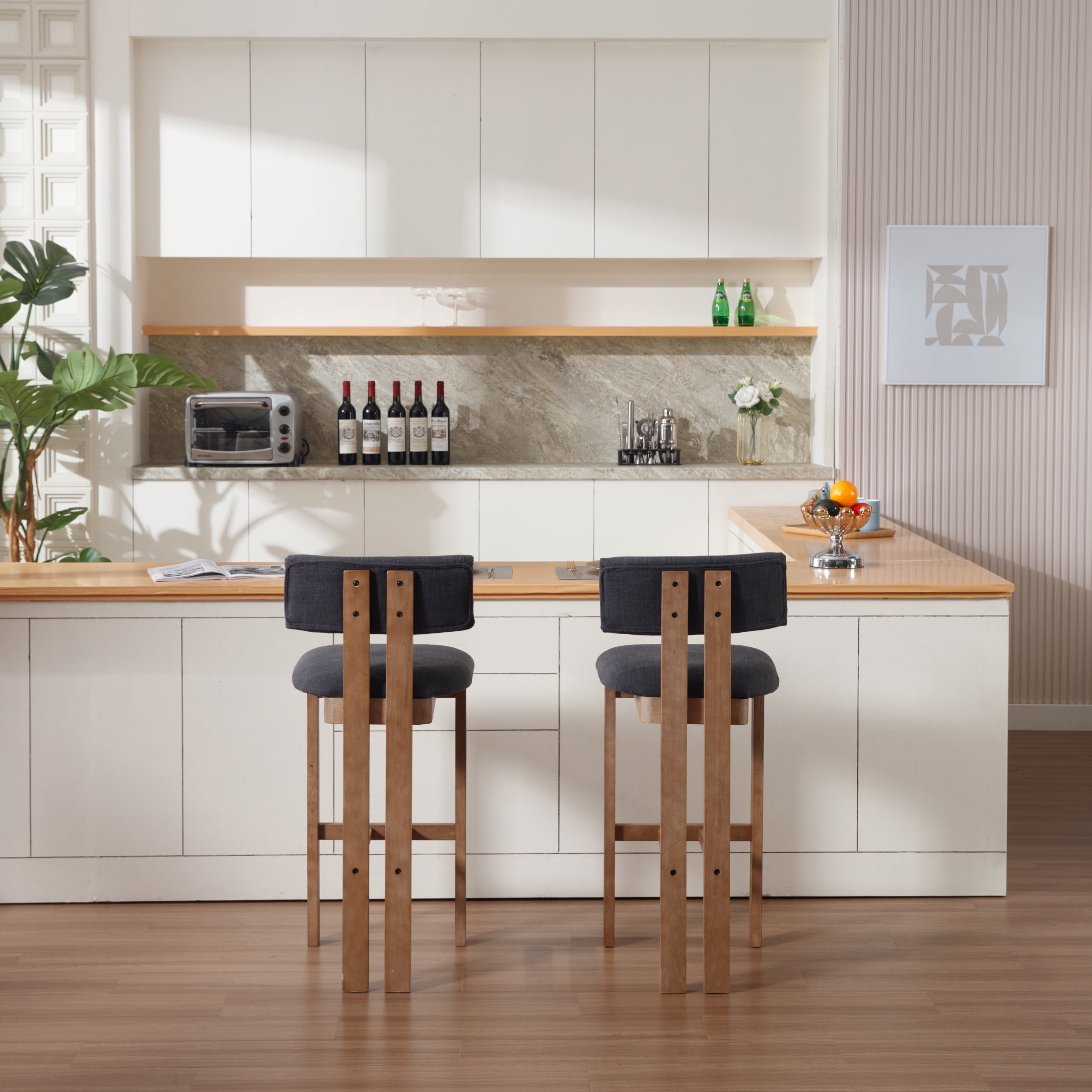 Guyou Modern Bar Stools Set of 4, 30 Inch Counter Height Bar Stools with Curved Backrest, Linen Upholstered Counter Stools, Wooden Kitchen Island Chairs for Kitchen Bar Cafe, Charcoal